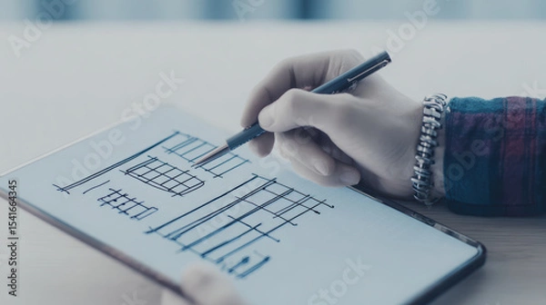 Fototapeta Person sketches design on digital tablet, showcasing creativity and planning. hand holds pen, illustrating modern approach to design and brainstorming