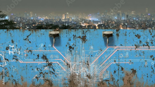 Fototapeta Urban landscape featuring graffiti wall with tactical blueprint design, set against city skyline at night. contrast between vibrant blue wall and illuminated city creates striking visual