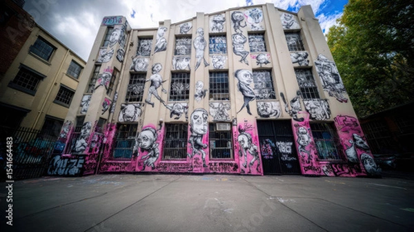Fototapeta Vibrant graffiti artwork covers full building facade, showcasing mix of characters and designs in bold colors, creating urban art scene that captivates and inspires creativity