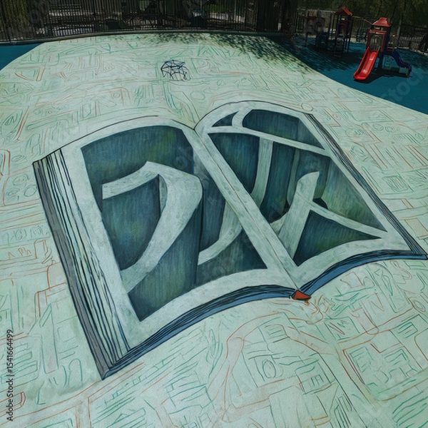 Fototapeta Massive book artwork unfolds on playground surface, showcasing intricate designs and vibrant colors. scene evokes sense of creativity and imagination, inviting viewers to explore