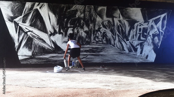 Fototapeta Creative urban artist is passionately spray painting large abstract mural on wall, showcasing dynamic lines and shapes. scene captures essence of street art and urban culture