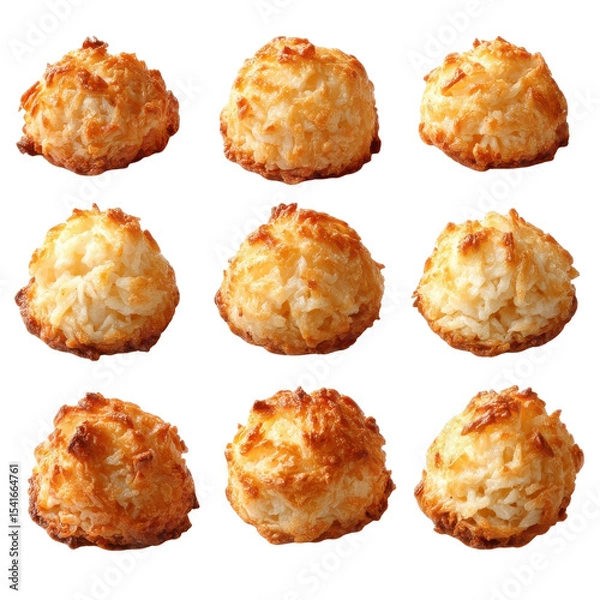 Fototapeta Coconut Macaroons Delight: Nine golden-brown coconut macaroons, baked to perfection and artfully arranged, beckon with their tempting texture and sweet aroma, inviting a moment of pure indulgence.