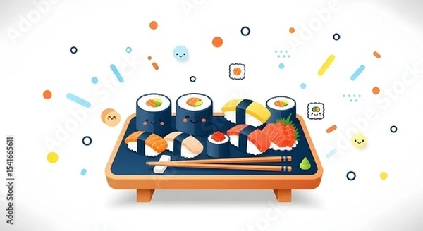 Obraz Sushi platter with cute cartoon decorations for food presentation