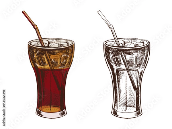 Fototapeta Hand drawn vintage sketch of cold soda drink in glass with straw, in color and monochrome version, vector illustration