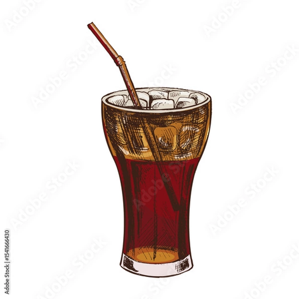 Fototapeta Hand drawn vintage sketch of cold soda drink in glass with ice cubes and straw, colored vector illustration