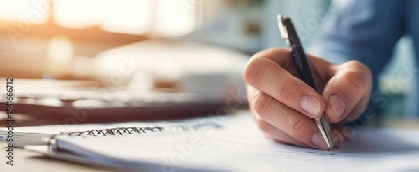 Fototapeta The hand writing notes with a pen on paperwork at an office desk