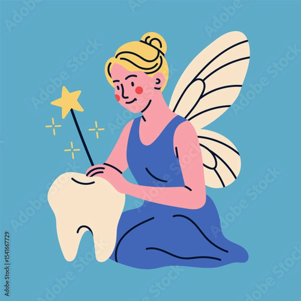Fototapeta Tooth fairy with wings, magic wand, big tooth. Сute magic character. Hand drawn Vector illustration. Isolated design element. Medical cabinet, children dentist, first tooth lost concept