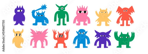 Fototapeta Abstract little colorful Monsters or fantastic animals. Various quirky funny creatures. Cartoon childish style. Cute characters. Hand drawn trendy Vector illustration. Isolated design elements