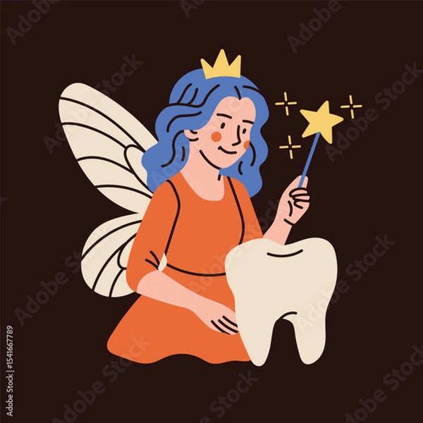 Fototapeta Tooth fairy with wings, magic wand, big tooth. Сute magic character. Hand drawn Vector illustration. Isolated design element. Medical cabinet, children dentist, first tooth lost concept