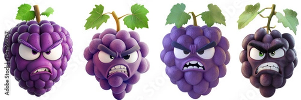 Fototapeta Set of cute grape with angry face isolated on a transparent background