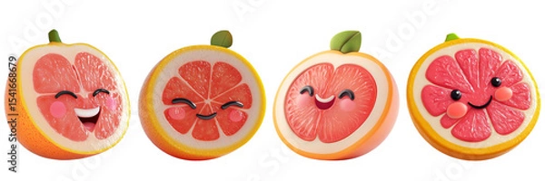 Fototapeta Set of cute grapefruit with smiling face isolated on a transparent background