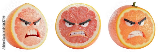 Obraz Set of cute grapefruit with angry face isolated on a transparent background