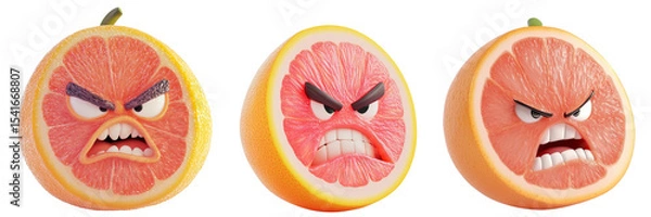 Obraz Set of cute grapefruit with angry face isolated on a transparent background
