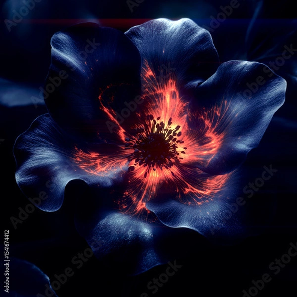 Fototapeta Illustration of a glowing flower with a hot flame in the center emitting a bright red-orange light. This light shimmers across the petals of a rich blue hue, creating a powerful emotional energy