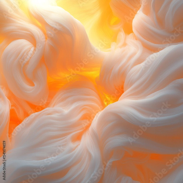 Fototapeta Weightless threads of silky texture intertwine to create graceful, airy patterns. Orange-gold shimmers enhance the luminous effect, adding softness and volume to the illustration