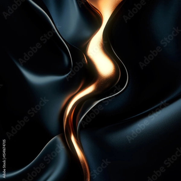 Fototapeta Abstract composition of a thick golden liquid flowing over the folds of black skin. Subtle reflections of light give the image volume and a noble combination of tones
