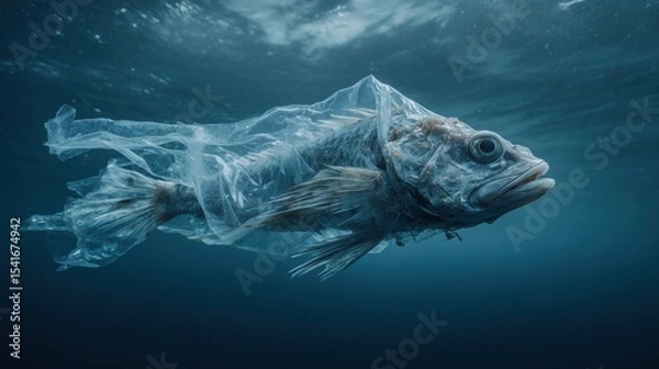 Fototapeta A dead fish trapped in a plastic bag floats in clear turquoise waters, a tragic symbol of the devastating impact of plastic pollution on marine life
