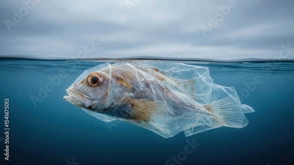 Fototapeta A dead fish trapped in a plastic bag floats in clear turquoise waters, a tragic symbol of the devastating impact of plastic pollution on marine life
