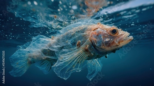 Fototapeta A dead fish trapped in a plastic bag floats in clear turquoise waters, a tragic symbol of the devastating impact of plastic pollution on marine life