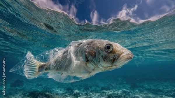 Fototapeta A dead fish trapped in a plastic bag floats in clear turquoise waters, a tragic symbol of the devastating impact of plastic pollution on marine life