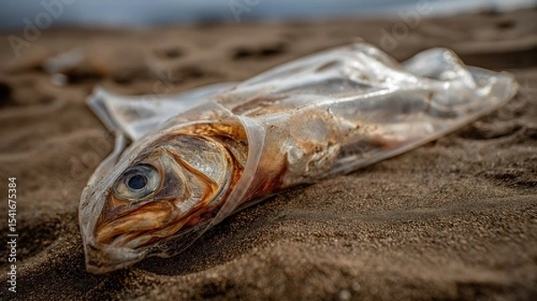 Fototapeta Washed ashore, a decaying fish trapped in plastic lies on the sand, a stark and tangible reminder of the fatal consequences of ocean pollution