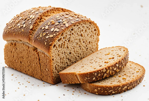 Fototapeta Loaf of fresh rye bread isolated on white background with healthy crust and whole grain texture