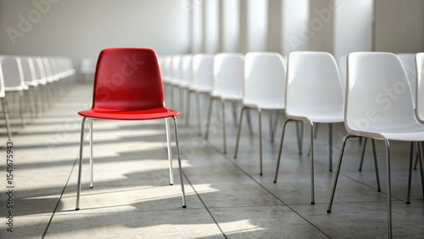 Obraz vacancy job. A single red chair stands out among a row of white chairs in a bright, minimalist space, highlighting contrast and design.