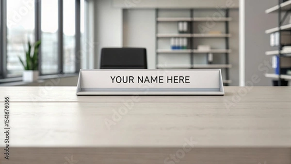 Obraz vacancy job. Modern office reception desk with a nameplate and minimalistic decor, showcasing a professional workspace.