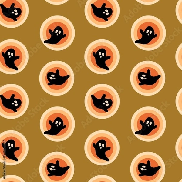 Fototapeta Retro Halloween Ghosts in Orange and Brown Circles Background. Retro Halloween Pop Art Style Illustration. Spooky Circle Ghosts Backdrop Decoration Repeat Seamless Pattern.