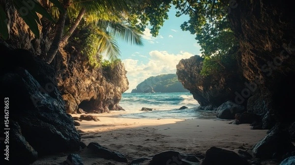 Fototapeta Hidden Beach with Natural Rock Arch in Tropical Paradise Scene