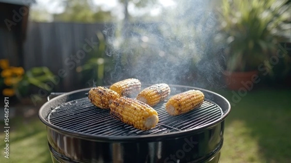 Fototapeta Charcoal Grilling of Corn on a Vintage Barbecue in Backyard