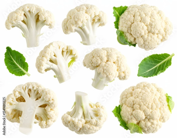 Fototapeta Fresh cauliflower florets and whole heads, healthy organic vegetable food ingredient, isolated on white background for culinary and dietary concepts