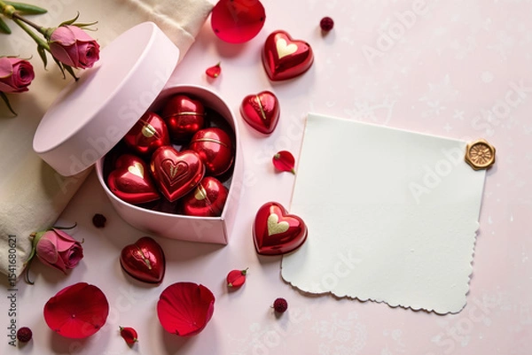 Fototapeta Romantic Valentine's Day photo with a composition of red heart-shaped chocolates spilling out of a delicate gift box surrounded by rose petals