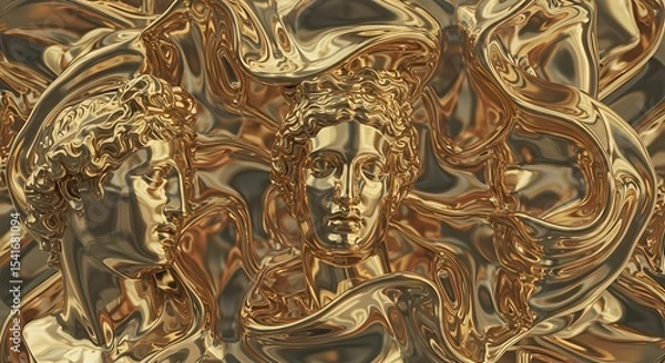 Fototapeta golden roman sculpture busts  on abstract fluid waves. Surreal metal background