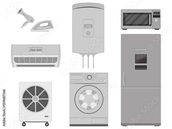 Fototapeta Different household appliances on a clean white background. Vector illustration.