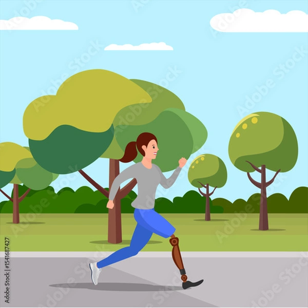 Fototapeta Cheerful girl with a prosthesis on one leg confidently running through a picturesque park. Vector illustration.