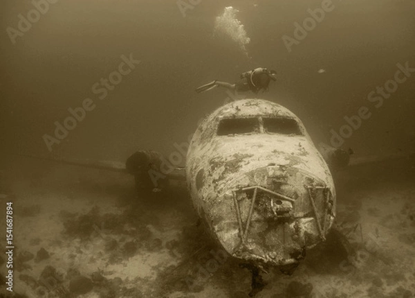 Fototapeta Wreck Diver Exploring Sunken Aircraft in Aruba's Vibrant Coral Reef