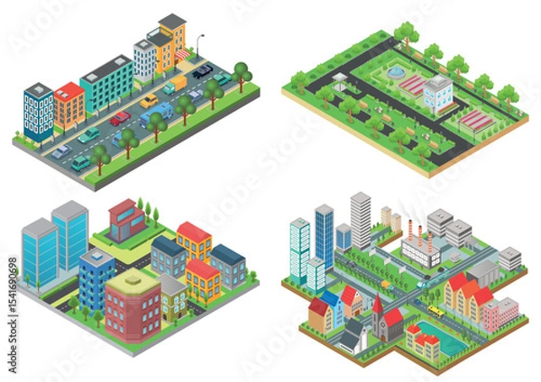 Fototapeta Set of isolated 3d Isometric Realistic cartoon urban City Maps top view vector iullustration