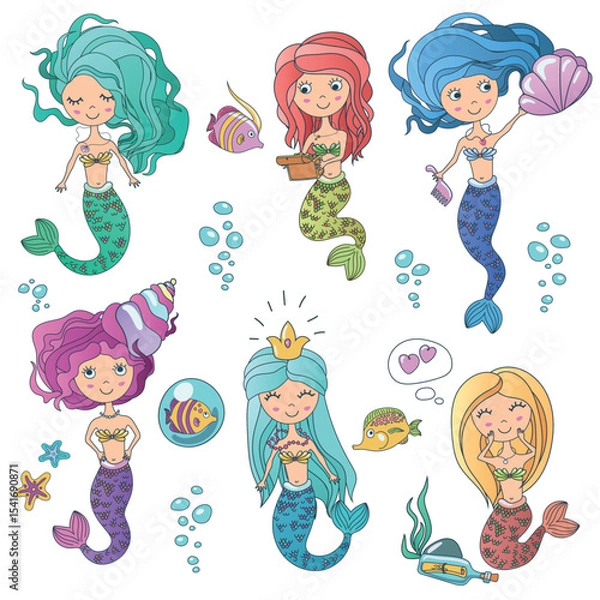 Fototapeta Beautiful cute sirens mermaids set with sea elements. Siren mermaid color line hand drawn vector illustration