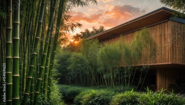 Obraz Modern bamboo house surrounded by lush green bamboo forest at sunset