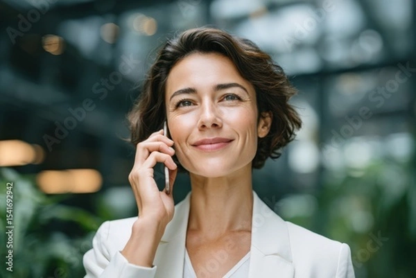 Obraz Confident businesswoman in white blazer talking on smartphone in modern office with glass walls and greenery