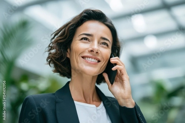 Obraz Smiling professional woman talking on phone in bright office with greenery
