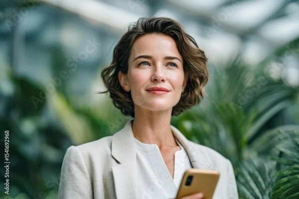 Obraz Confident mid-age woman in modern business suit walking through office with smartphone