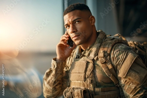 Obraz American soldier in uniform talking on phone at airport during emotional departure