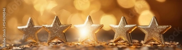 Fototapeta Golden five stars shining, signaling peak performance, top tier quality, and outstanding customer experience in rating system