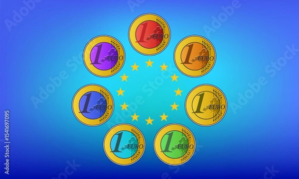 Fototapeta Vector set of colored rainbow iridescent coins of European Union, denomination of 1 euro. Money of Europe. Collection. Hobbies and numismatics. Design elements. One