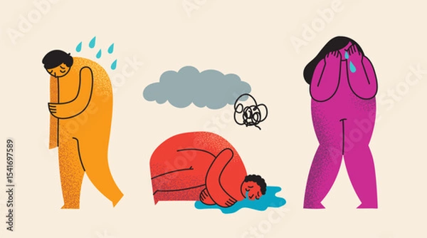 Obraz Psychology concept set of the flat vector illustrations. Self-abuse, violence and pressure. Person under overwhelming control, assault. Mental health problem.
