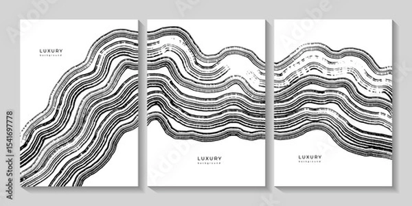Fototapeta Set of black and white templates with wavy wooden texture. Backgrounds with grunge curved lines. Organic eco background. Templates for business cards, cover. Wave pattern