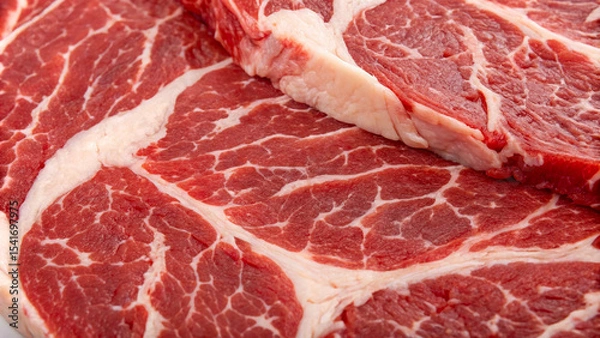 Fototapeta Raw Meat Background - Macro Close-Up of Raw Beef with Intricate Marbling for Culinary Blogs, Food Websites, Cooking Guides, and Recipe Cards  