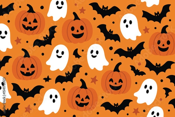 Obraz Happy halloween pattern pumpkins ghosts bats stars